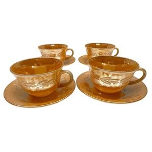 Anchor Hocking Fire‎ King Peach Luster Laurel Leaf Cups And Saucers Set Of 4